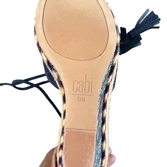CABI #6001 Navy Isla Suede Wedge Wrap Around Ankle Tie Tassel Sandals Size 9