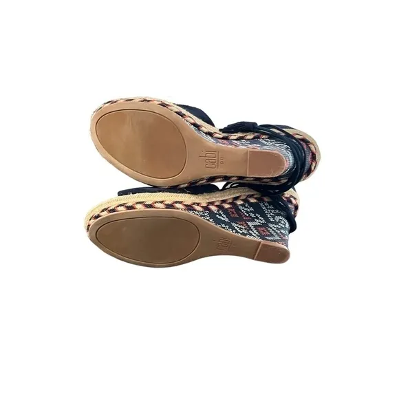 CABI #6001 Navy Isla Suede Wedge Wrap Around Ankle Tie Tassel Sandals Size 9