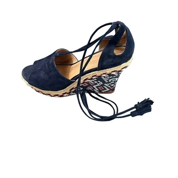 CABI #6001 Navy Isla Suede Wedge Wrap Around Ankle Tie Tassel Sandals Size 9