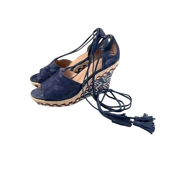 CABI #6001 Navy Isla Suede Wedge Wrap Around Ankle Tie Tassel Sandals Size 9