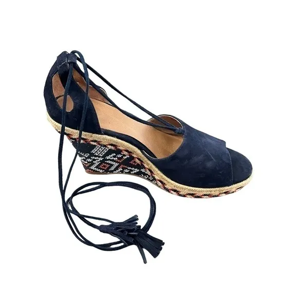 CABI #6001 Navy Isla Suede Wedge Wrap Around Ankle Tie Tassel Sandals Size 9