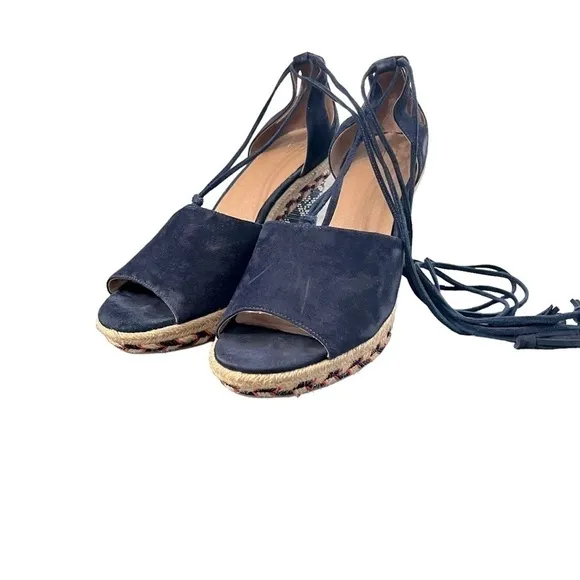 CABI #6001 Navy Isla Suede Wedge Wrap Around Ankle Tie Tassel Sandals Size 9