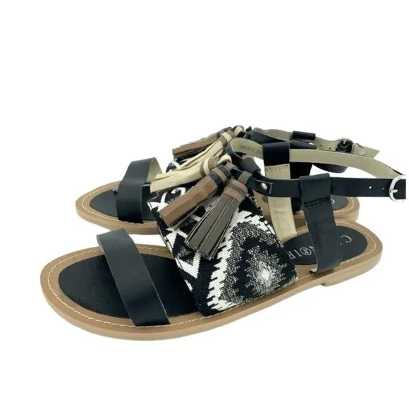 Cafe Noir Black Leather Tassels Strappy Flat Sandals Shoes SZ 36 EU 5.5  US NIB