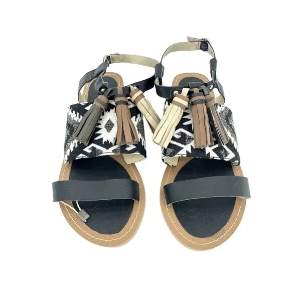 Cafe Noir Black Leather Tassels Strappy Flat Sandals Shoes SZ 36 EU 5.5  US NIB