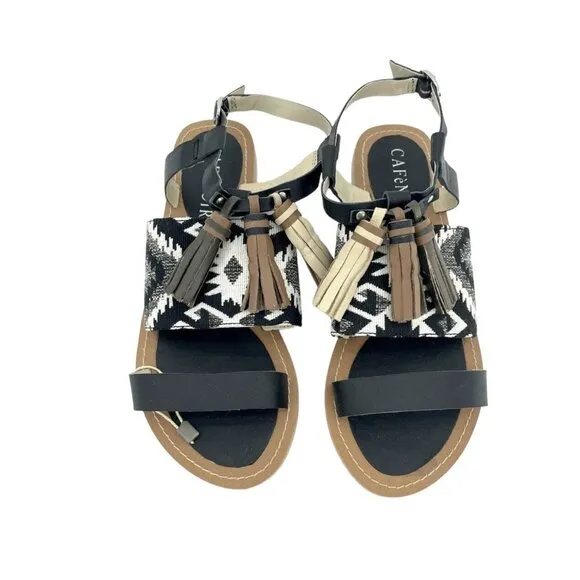 Cafe Noir Black Leather Tassels Strappy Flat Sandals Shoes SZ 36 EU 5.5  US NIB