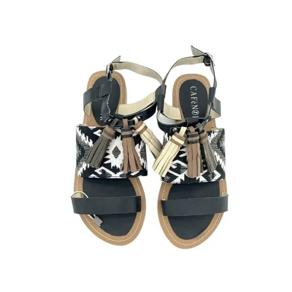 Cafe Noir Black Leather Tassels Strappy Flat Sandals Shoes SZ 36 EU 5.5  US NIB