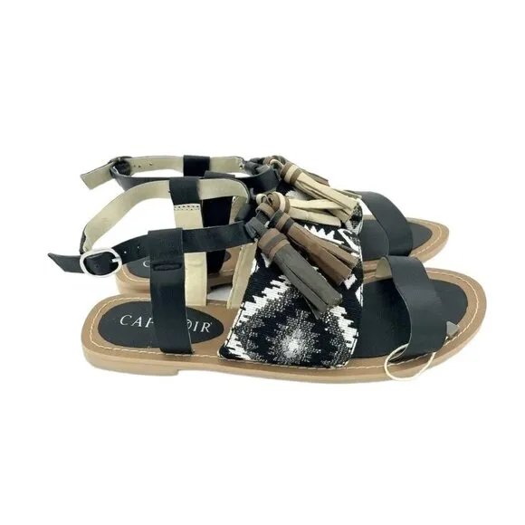 Cafe Noir Black Leather Tassels Strappy Flat Sandals Shoes SZ 36 EU 5.5  US NIB