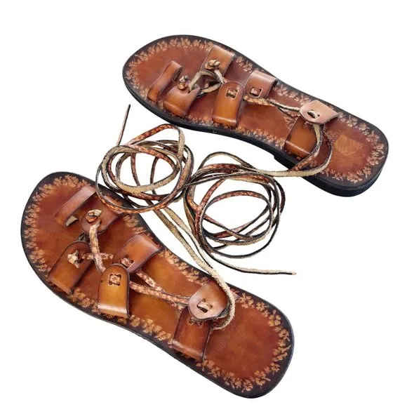 Calpas Glory Strap Wrap Italian Leather Sandals Greek Goddess Floral Print Sz 39