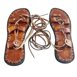 Calpas Glory Strap Wrap Italian Leather Sandals Greek Goddess Floral Print Sz 39