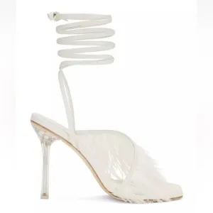 Camila Coelho Minka high heels feather lucite lace up shoes sandals Revolve 6