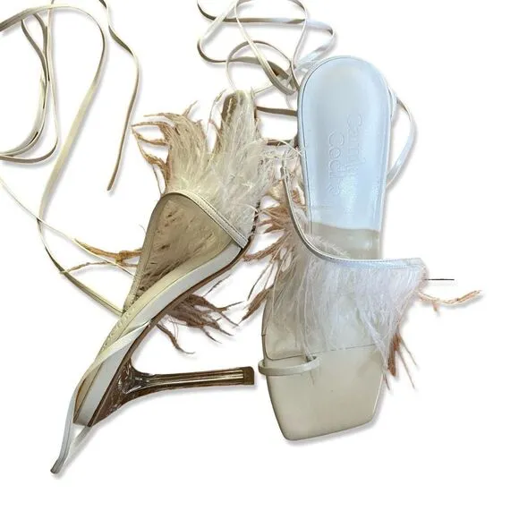 Camila Coelho Minka high heels feather lucite lace up shoes sandals Revolve 6