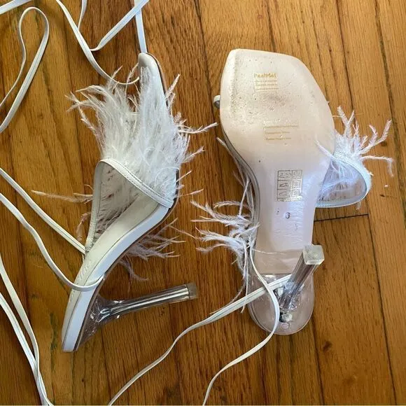 Camila Coelho Minka high heels feather lucite lace up shoes sandals Revolve 6