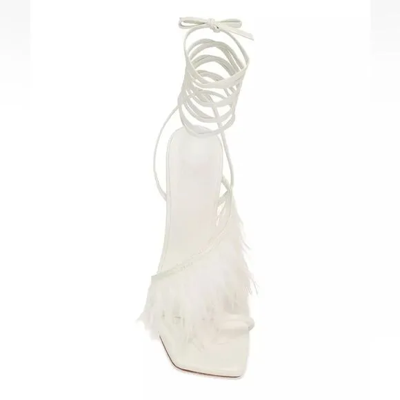 Camila Coelho Minka high heels feather lucite lace up shoes sandals Revolve 6