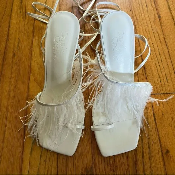 Camila Coelho Minka high heels feather lucite lace up shoes sandals Revolve 6
