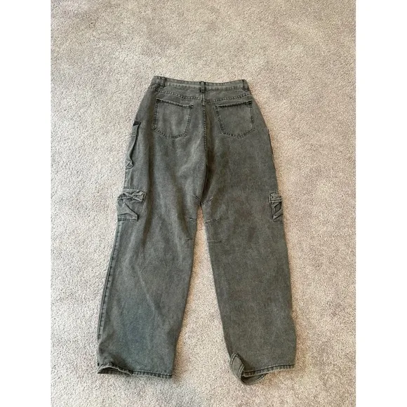Cargo Jeans Acid Wash Wide Leg Utility Pants Pockets Denim Trousers L