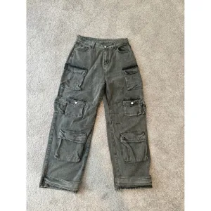 Cargo Jeans Acid Wash Wide Leg Utility Pants Pockets Denim Trousers L