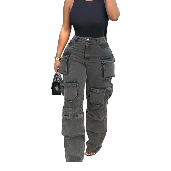 Cargo Jeans Acid Wash Wide Leg Utility Pants Pockets Denim Trousers L