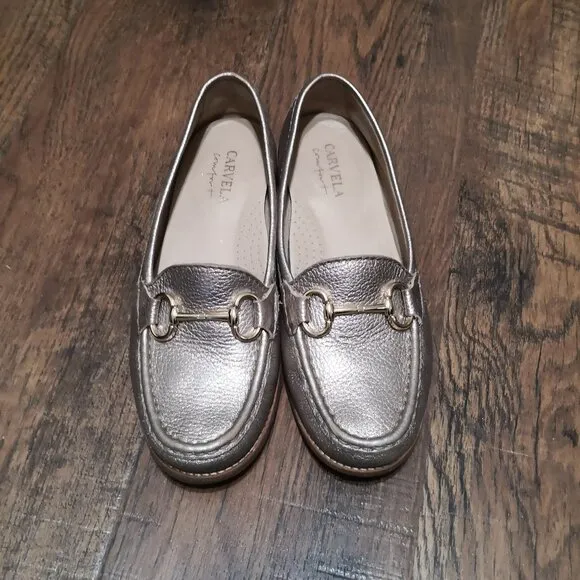Carvela Metallic Leather Comfortable Loafers Golden Accent Size US 6.5-7/EU 37