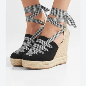 Castañer - Black and White Gingham Wedge Espadrilles - used once