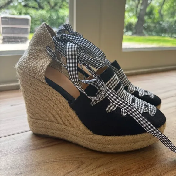 Castañer - Black and White Gingham Wedge Espadrilles - used once