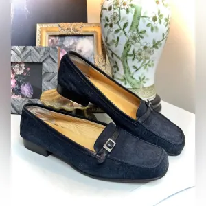 Celine Navy Blue Suede leaf embossed print Vintage Loafers