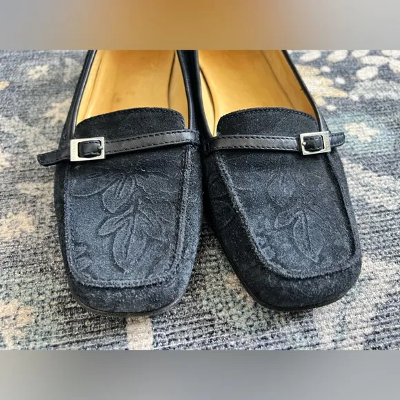 Celine Navy Blue Suede leaf embossed print Vintage Loafers