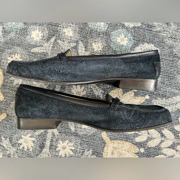 Celine Navy Blue Suede leaf embossed print Vintage Loafers