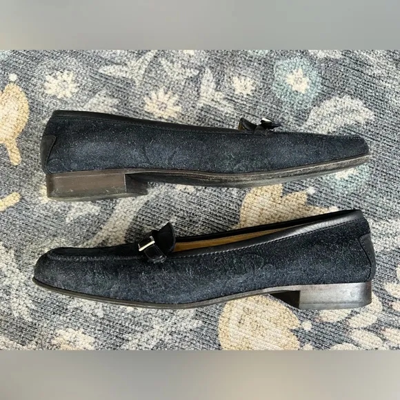 Celine Navy Blue Suede leaf embossed print Vintage Loafers