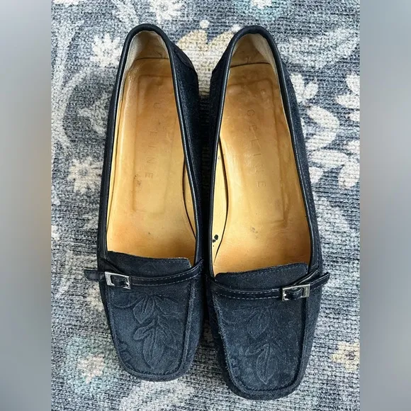 Celine Navy Blue Suede leaf embossed print Vintage Loafers