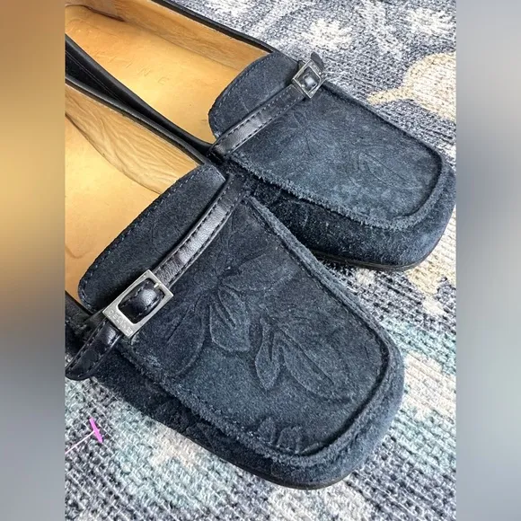 Celine Navy Blue Suede leaf embossed print Vintage Loafers
