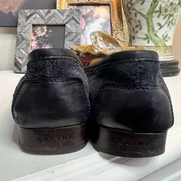 Celine Navy Blue Suede leaf embossed print Vintage Loafers