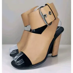 CELINE Paris EU 38 Tan Leather Open Toe Ankle Wrap Strap High Heel Sandals ITALY