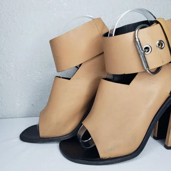 CELINE Paris EU 38 Tan Leather Open Toe Ankle Wrap Strap High Heel Sandals ITALY