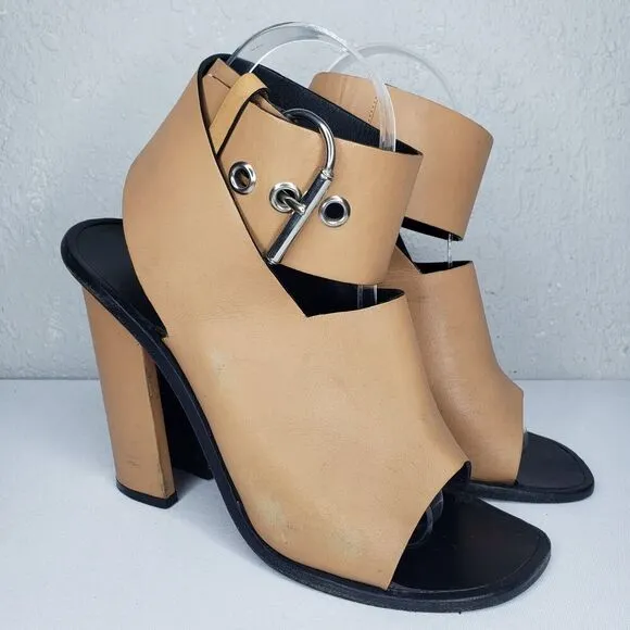 CELINE Paris EU 38 Tan Leather Open Toe Ankle Wrap Strap High Heel Sandals ITALY