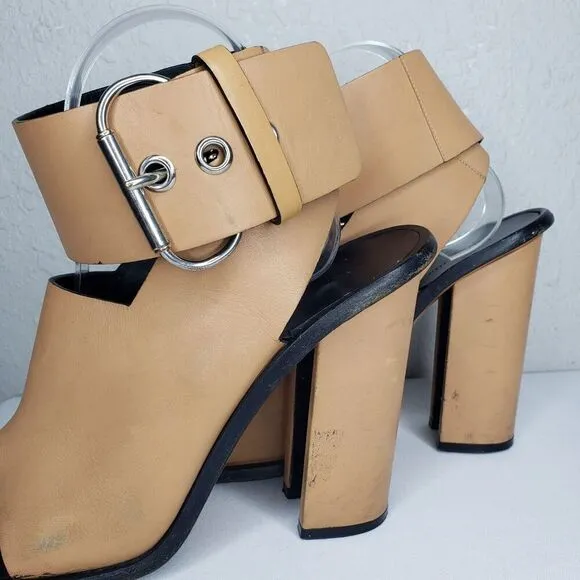 CELINE Paris EU 38 Tan Leather Open Toe Ankle Wrap Strap High Heel Sandals ITALY