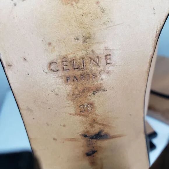 CELINE Paris EU 38 Tan Leather Open Toe Ankle Wrap Strap High Heel Sandals ITALY
