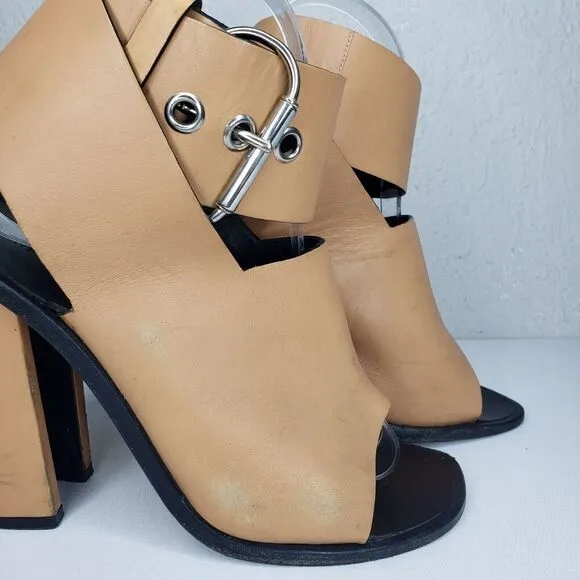CELINE Paris EU 38 Tan Leather Open Toe Ankle Wrap Strap High Heel Sandals ITALY