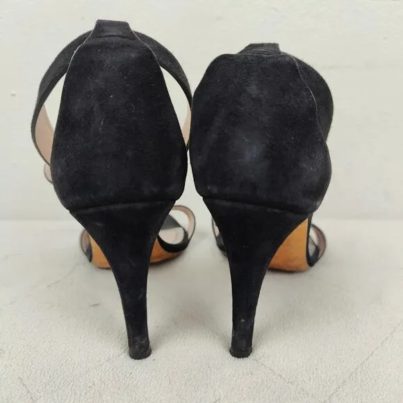 Celine Suede Ankle Wrap Sandals Womens 7.5 37.5 Black Heels Designer Luxury