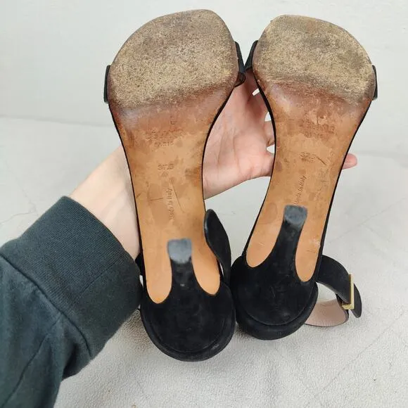 Celine Suede Ankle Wrap Sandals Womens 7.5 37.5 Black Heels Designer Luxury