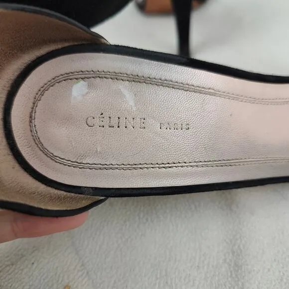 Celine Suede Ankle Wrap Sandals Womens 7.5 37.5 Black Heels Designer Luxury