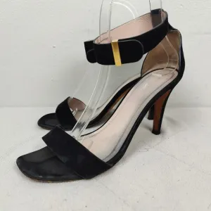 Celine Suede Ankle Wrap Sandals Womens 7.5 37.5 Black Heels Designer Luxury