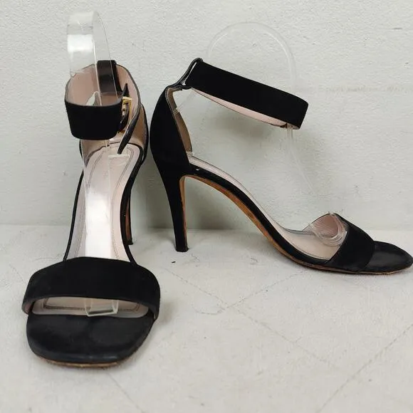 Celine Suede Ankle Wrap Sandals Womens 7.5 37.5 Black Heels Designer Luxury