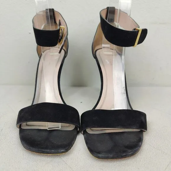 Celine Suede Ankle Wrap Sandals Womens 7.5 37.5 Black Heels Designer Luxury