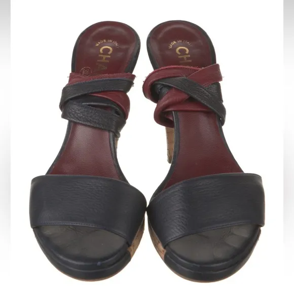 Chanel blue leather wrap around strap vintage sandals 38.5