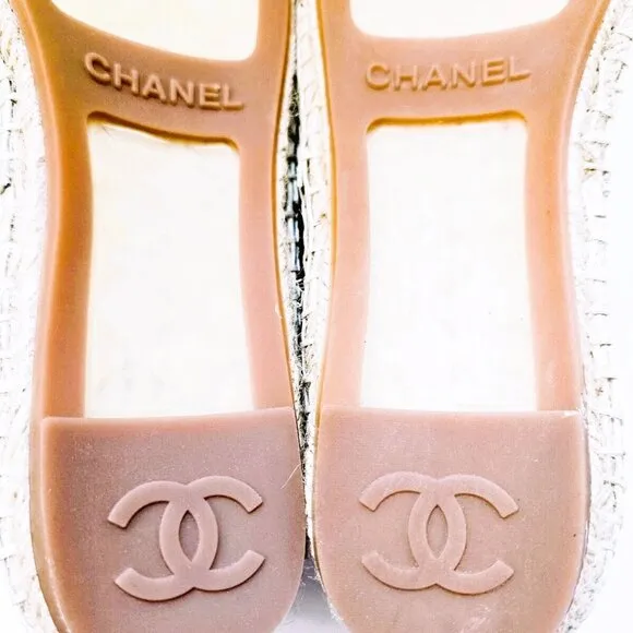 Chanel CC Logo Lambskin Espadrille Flats Cap Toe Black Beige US 8 EU 38.5 NEW