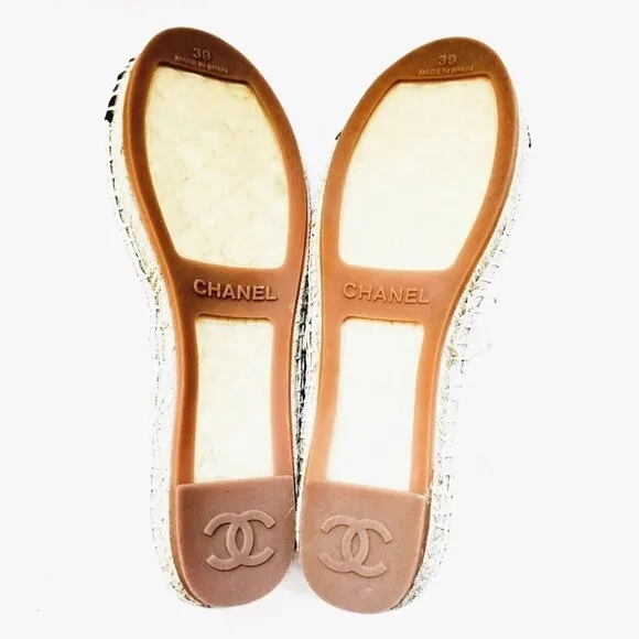 Chanel CC Logo Lambskin Espadrille Flats Cap Toe Black Beige US 8 EU 38.5 NEW