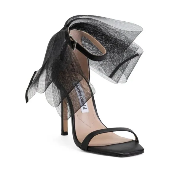 CHARLES DAVID Black Leather Emotional Oversized Bow Heeled Sandals
