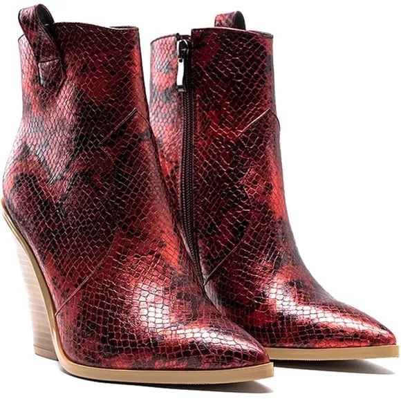 Chunky Heel Western Booties Red Snakeskin Print Side Zipper Cowboy Ankle Boots
