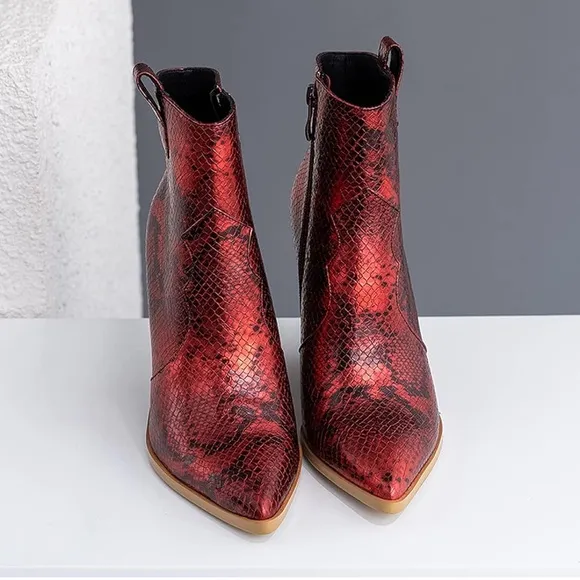 Chunky Heel Western Booties Red Snakeskin Print Side Zipper Cowboy Ankle Boots