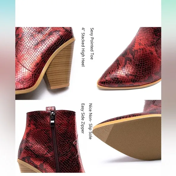 Chunky Heel Western Booties Red Snakeskin Print Side Zipper Cowboy Ankle Boots